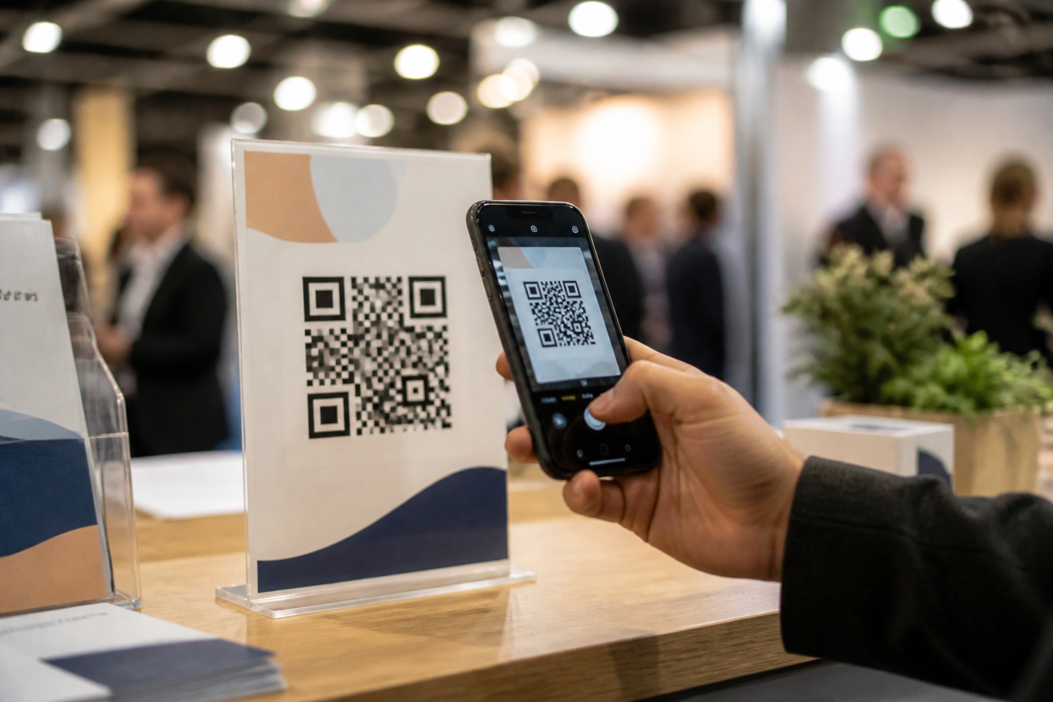 Visitor scanning a stall QR code on their phone at an exhibition booth